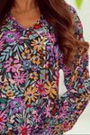 Multicolor Floral Print Ruffled Long Sleeve V-Neck Blouse-Tops-MomFashion