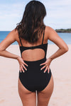 Black Twist Front Cut Out One-piece Swimsuit-Swimwear-MomFashion