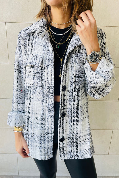 White Plaid Print Pocketed Shirt Jacket-Outerwear-MomFashion