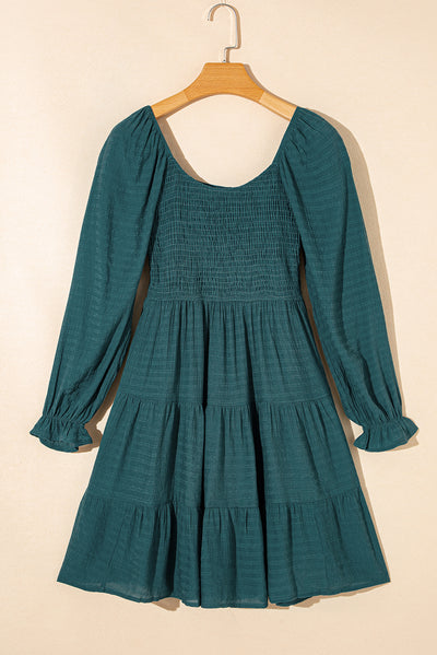 Mist Green Bishop Sleeve Smocked Tiered Mini Dress-Dresses-MomFashion