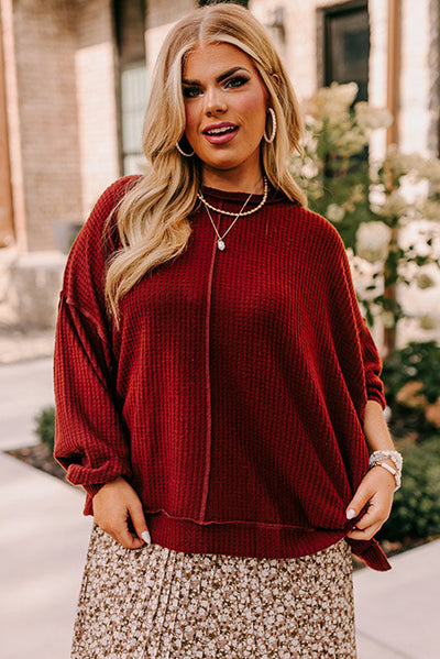 Gold Flame Exposed Seam Detail Waffle Knit Plus Size Top-Plus Size-MomFashion