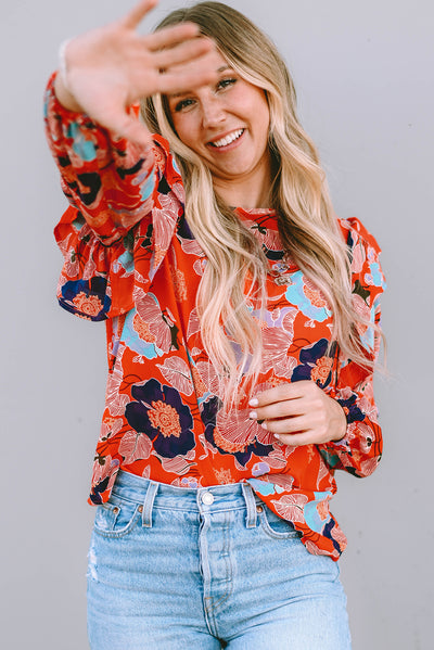 Fiery Red Floral Print Ruffle Puff Sleeve Blouse-Tops-MomFashion