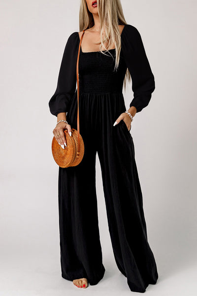 Black Smocked Square Neck Long Sleeve Wide Leg Jumpsuit-Bottoms-MomFashion