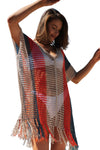 Multicolor Striped Tassel Crochet V Neck Beach Cover Up-Swimwear-MomFashion