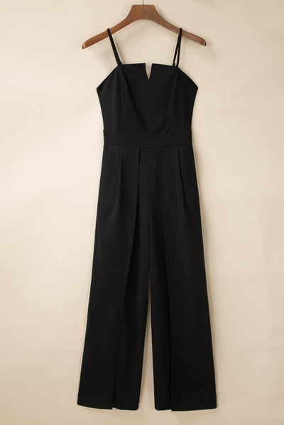 Black Spaghetti Straps Slit Leg Jumpsuit with Pockets-Bottoms-MomFashion