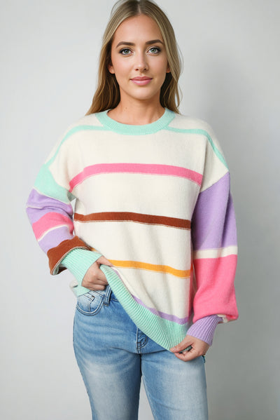 Multicolor Striped Colorblock Drop Shoulder Sweater-Tops-MomFashion