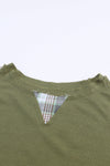 Green Plaid Patch Waffle Knit Exposed Seam Bubble Sleeve Top-Tops-MomFashion