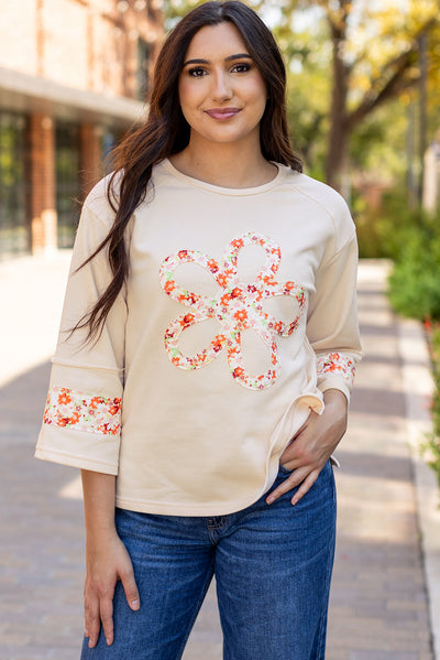 Beige Flower Patch Graphic Exposed Seam Wide Sleeve Top-Graphic/Graphic Long Sleeve Tees-MomFashion