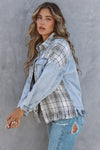 Sky Blue Plaid Patchwork Fringed Flap Pockets Denim Jacket-Outerwear-MomFashion