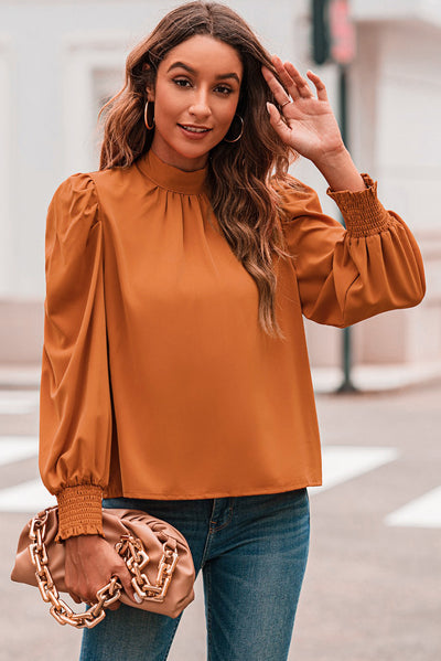 Orange Long Bubble Sleeve Mock Neck Chiffon Blouse-Tops-MomFashion