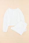 White Waffle Knit Buttoned Long Sleeve Crop and Shorts Lounge Set-Loungewear-MomFashion