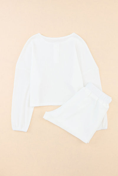 White Waffle Knit Buttoned Long Sleeve Crop and Shorts Lounge Set-Loungewear-MomFashion