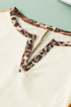 White Leopard Color Block Patchwork Split Neck Long Sleeve Top-Tops-MomFashion