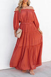 Orange Off Shoulder Balloon Sleeve Cutout Ruffled Maxi Dress-Dresses-MomFashion