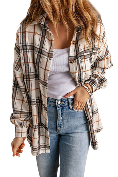 White Oversized Plaid Pattern Shacket with Slits-Outerwear-MomFashion