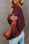 Burgundy Sequin Patchwork Sleeve Open Back Waffle Knit Top-Tops-MomFashion