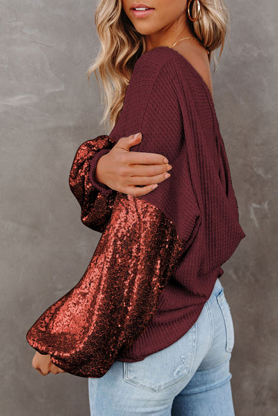 Burgundy Sequin Patchwork Sleeve Open Back Waffle Knit Top-Tops-MomFashion