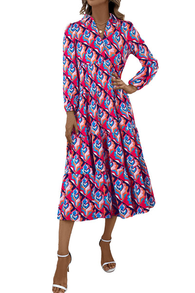 Abstract Geometric Print Long Sleeve High Waist Dress-Dresses-MomFashion