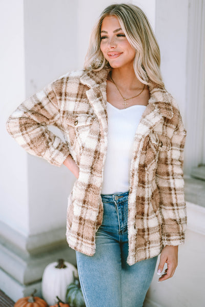 Khaki Sherpa Plaid Button Pocketed Jacket-Outerwear-MomFashion