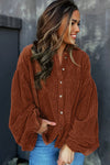 Coffee Textured Corduroy Puff Sleeve Shacket-Outerwear-MomFashion