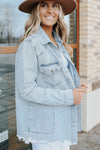 Sky Blue Flap Pocket Buttoned Raw Hem Denim Jacket-Outerwear-MomFashion