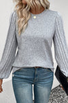 Gray Contrast Ribbed Bishop Sleeve Top-Tops-MomFashion