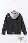 Black Drawstring Hooded Frayed Denim Jacket-Outerwear-MomFashion