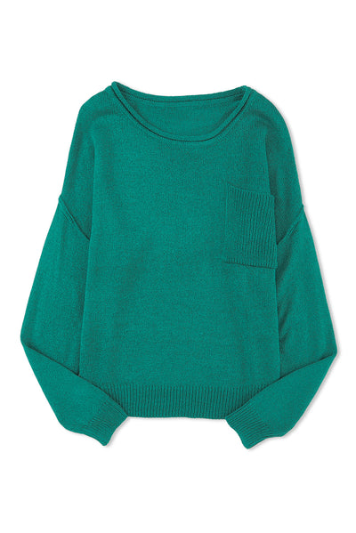 Green Solid Color Off Shoulder Rib Knit Sweater with Pocket-Tops-MomFashion