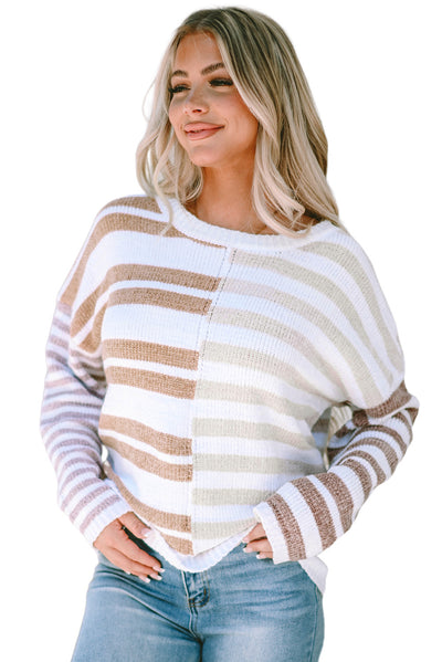 Stripe Blocked Drop Shoulder Slouchy Sweater-Tops-MomFashion