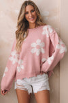 Multicolour Pearl Beaded Floral Drop Shoulder Sweater-Tops-MomFashion