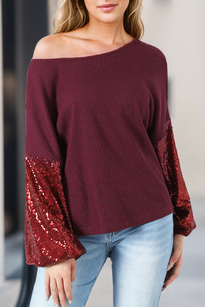 Burgundy Sequin Patchwork Sleeve Open Back Waffle Knit Top-Tops-MomFashion