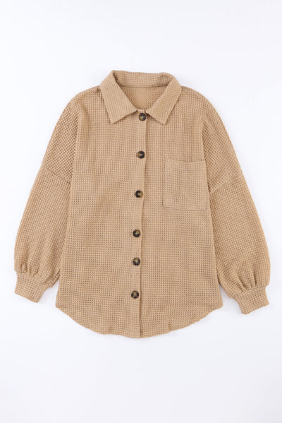 Khaki Waffle Knit Button Up Casual Shirt-Tops-MomFashion