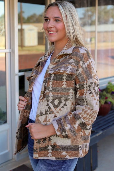 Brown Aztec Print Flap Pocket Button-up Jacket-Outerwear-MomFashion