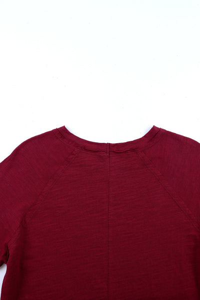 Red Solid Crew Neck Long Sleeve Top-Tops-MomFashion