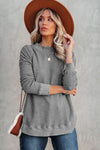 Gray Crew Neck Ribbed Trim Waffle Knit Top-Tops-MomFashion