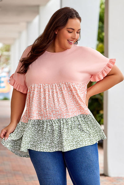 Pink Ruffled Short Sleeve Leopard Splicing Flowy Plus Size Top-Plus Size-MomFashion