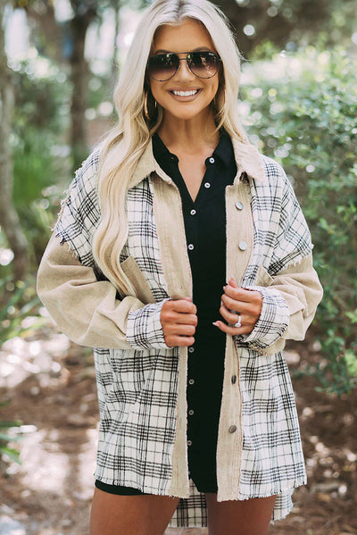 Khaki Distressed Raw Edge Plaid Patchwork Denim Jacket-Outerwear-MomFashion