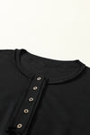 Black Drop Shoulder Henley Buttons Sweatshirt-Tops-MomFashion