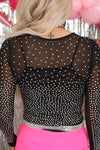 Black Rhinestone Embellished Mesh Long Sleeve Bodysuit-Tops-MomFashion