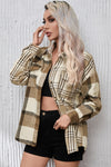 Parchment Contrast Plaid Patchwork Flap Pocket Shacket-Outerwear-MomFashion