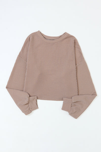 Khaki Cording Drop Shoulder Puff Sleeve Casual Long Sleeve Top-Tops-MomFashion