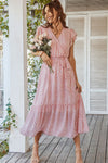 Pink Leopard Surplice Ruffled Sleeve Tiered Long Dress-Dresses-MomFashion