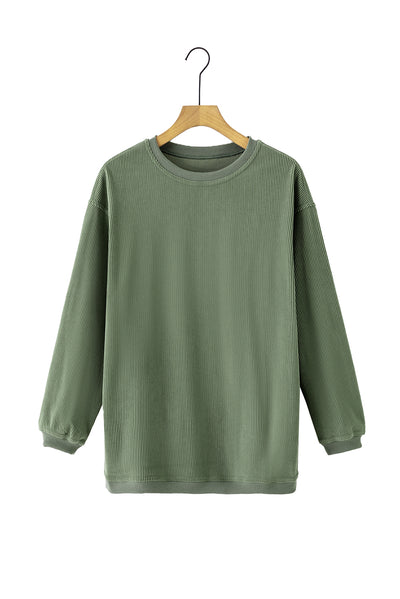 Green Ribbed Corded Oversized Sweatshirt-Tops-MomFashion