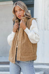 Khaki Snap Button Pocketed Sherpa Vest Jacket-Outerwear-MomFashion