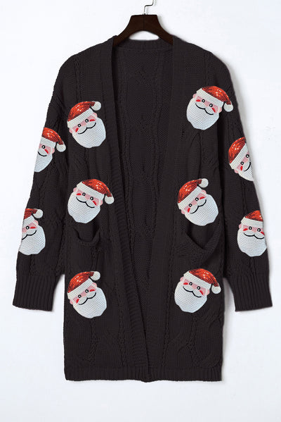 Black Sequined Santa Claus Cable Knit Open Cardigan-Tops-MomFashion