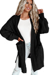 Black Ribbed Trim Eyelet Cable Knit Cardigan-Tops-MomFashion