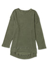 Green Waffle Knit High Slits Oversized Top-Tops-MomFashion