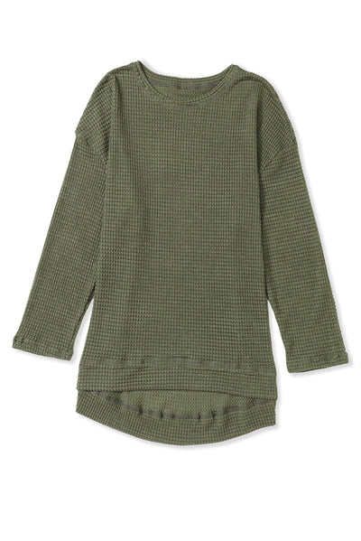 Green Waffle Knit High Slits Oversized Top-Tops-MomFashion