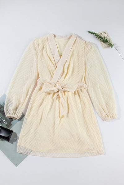 Apricot V Striped Sheer Puff Sleeve Surplice Knot Mini Dress-Dresses-MomFashion