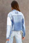 Sky Blue Color Block Denim Patchwork Frayed Hem Jacket-Outerwear-MomFashion